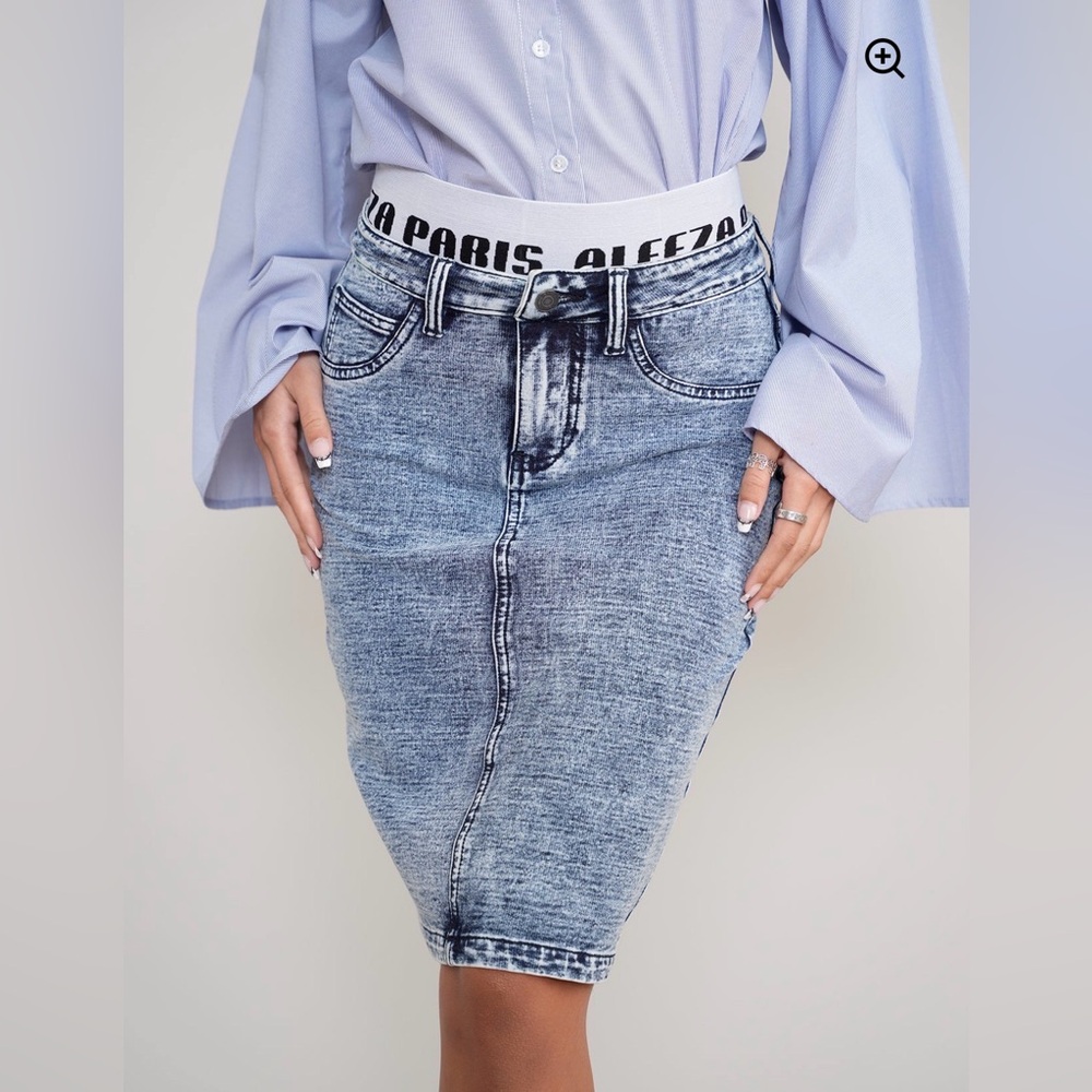 Chic Denim Midi Skirt with Logo Waistband